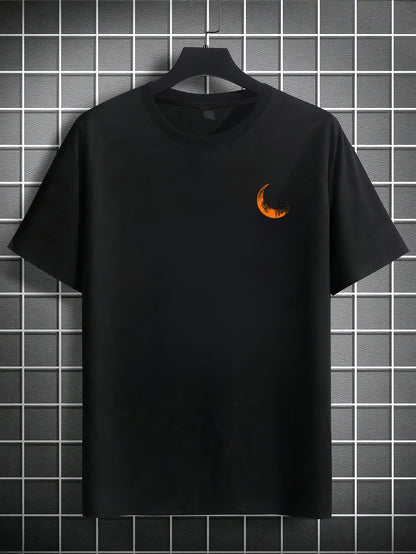 Men's Graphic Print Short Sleeve T-Shirt - Black Relaxed Fit Casual Round Neck, Durable Polyester Fabric, Machine Washable Summer Outdoor Top, Moon And Trees Design | Lightweight Clothing
