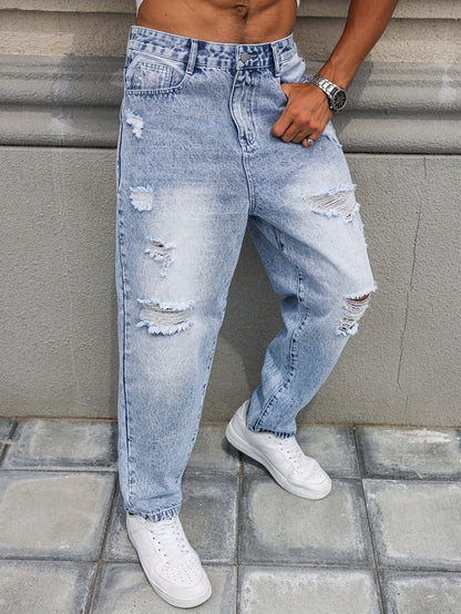 Men's Distressed Blue Denim Harem Pants - Loose Fit, Ripped Jeans with Raw Hem & Slant Pockets, Casual All-Season Wear (Belt/Accessories Not Included)