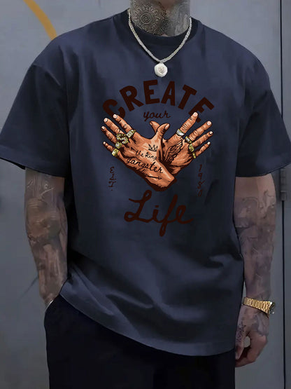 Men's Short-Sleeve T-Shirt with Inspirational "CREATE Your Own Life" Print & Prayer Hands Design - Elastic Round Neck, Breathable Fabric for Summer Outdoor Activities, Casual Comfort Fit, Machine Washable, Artistic Lifestyle