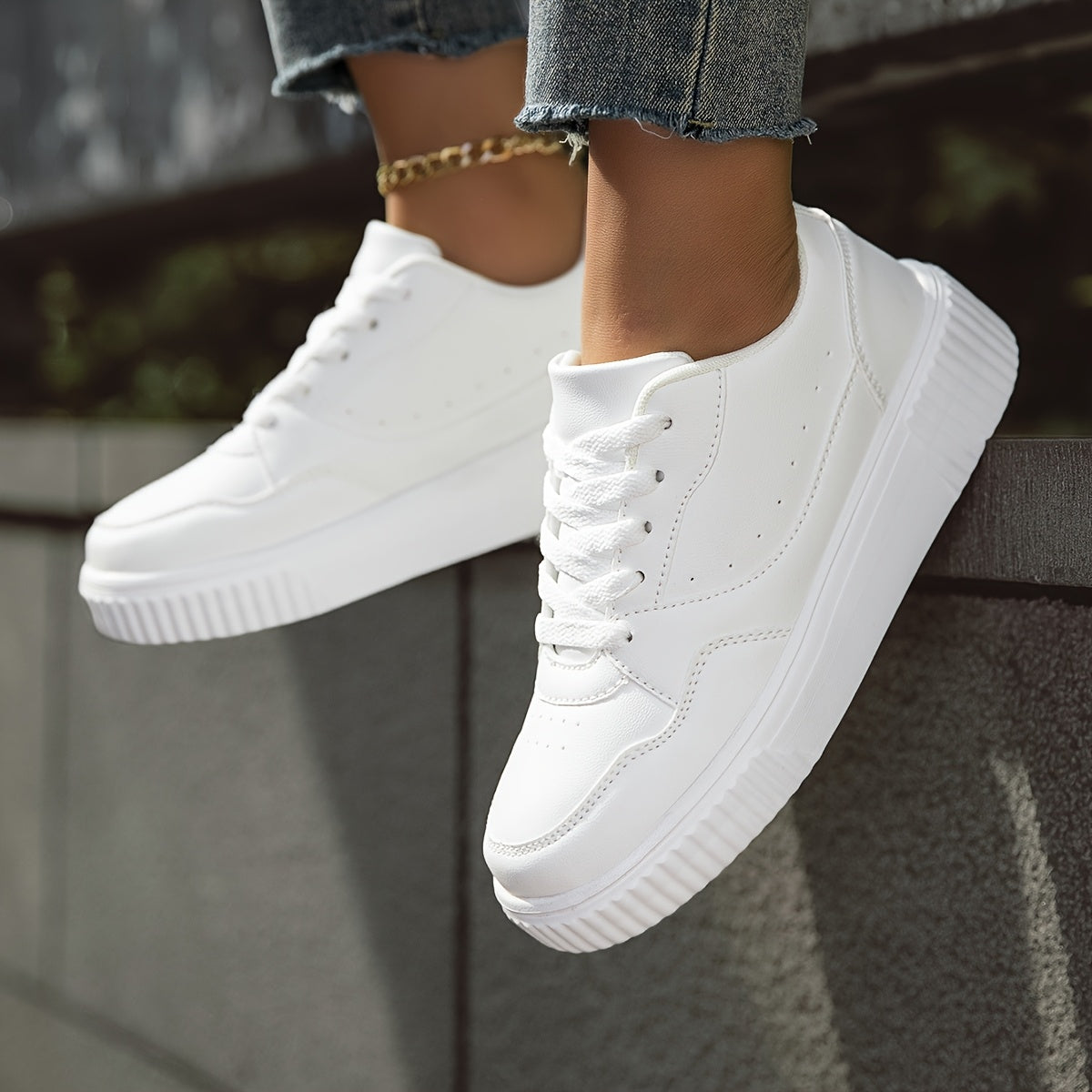 Women's White Low-Top Casual Sneakers - Lightweight Comfortable Lace-Up Shoes with Synthetic Cover Upper, EVA Cushioned Sole & Breathable Fabric Lining for All-Season Versatile Wear, Shoe Laces for Sneakers, Minimalist Design