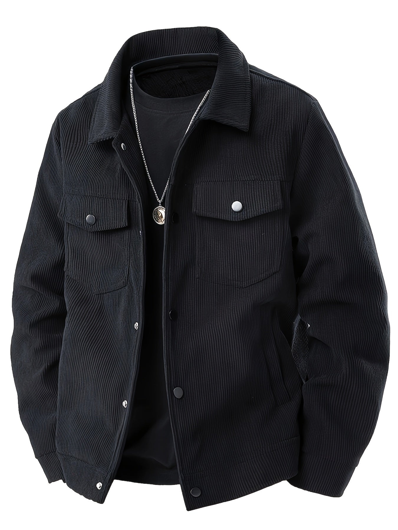 Men'S Plus Size Corduroy Bomber Jacket - Casual Workwear with Snap Buttons, Flap Pockets, and Polyester Lining - Machine Washable, Autumn & Spring Fashion, Casual Outerwear | Casual Jacket | Polyester Lining Jacket