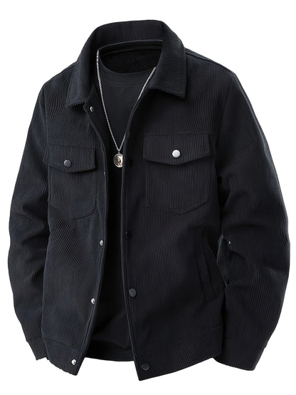 Men'S Plus Size Corduroy Bomber Jacket - Casual Workwear with Snap Buttons, Flap Pockets, and Polyester Lining - Machine Washable, Autumn & Spring Fashion, Casual Outerwear | Casual Jacket | Polyester Lining Jacket