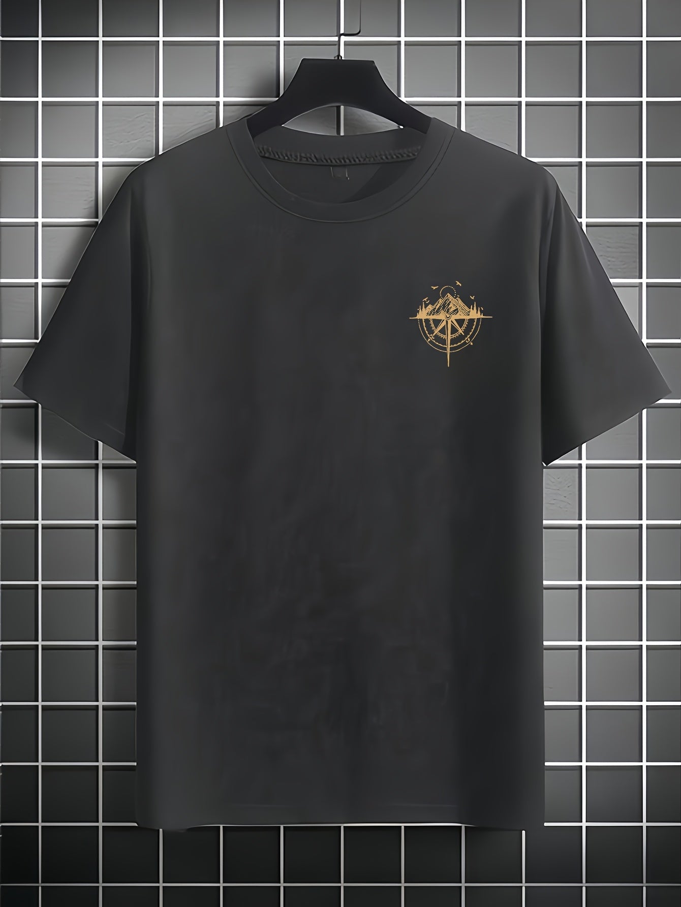 Men's Short Sleeve T-Shirt 100% Polyester Loose Fit Casual Round Neck Navy Blue with Golden Compass Rose Mountain Print - Summer Outdoor Adventure Graphic Tee, Modern Casual Top | Easy Care Clothing