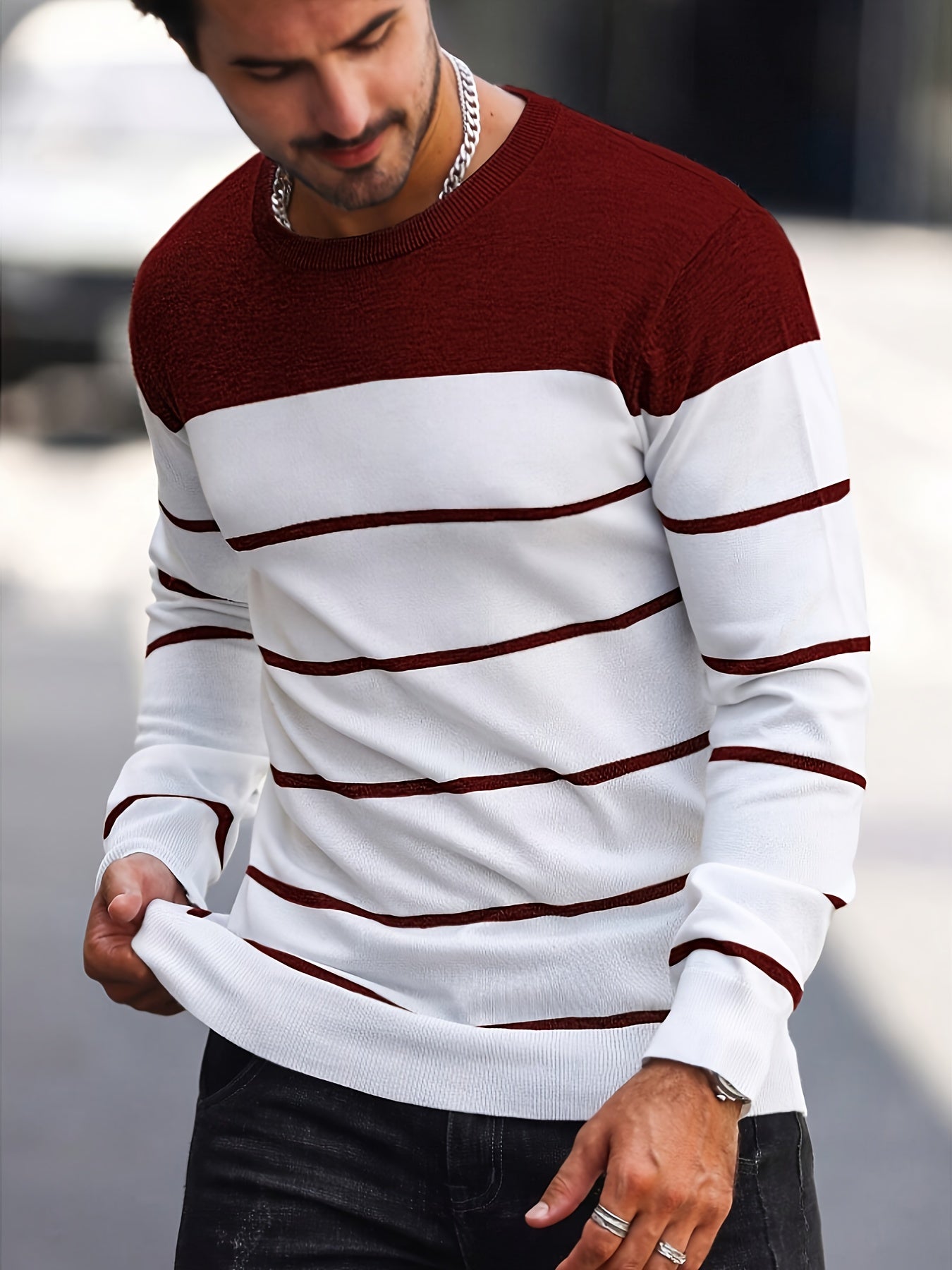 Men's Casual Striped Knit Pullover Sweater - Navy & White Contrast, Regular Fit H-Silhouette, Long Sleeve Crew Neck, Medium Stretch, Machine Washable for Spring & Fall, Mediumstretch Fabric