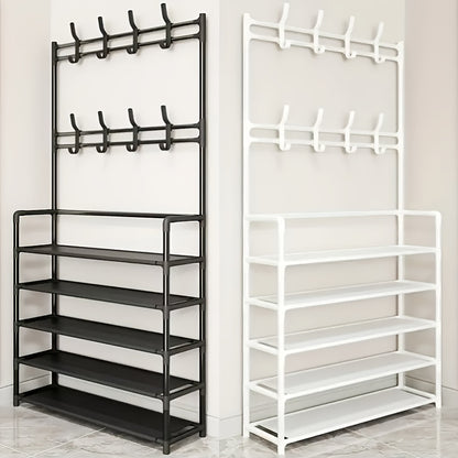 Clothes and Hat Rack, Freestanding Shoe Shelf with Sturdy Thick Metal Plastic Hooks – Space-Saving Modern Design for Shoes, Hats, and Clothes. Easy to Assemble for Living Room, Bedroom & Home Office, Hat Organizer, Home Org