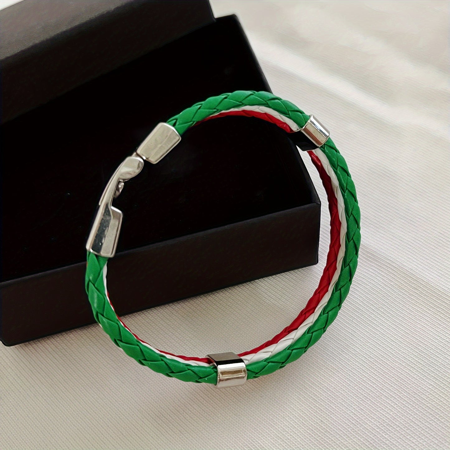 Handmade Braided Red, White, and Green Flag Faux Leather Bracelet - Fashionable Faux Leather Accessory with Metal Buckle, Ideal for National Holiday Celebrations, National Holiday Gift|Festive Accessory|Durable Faux Leather,