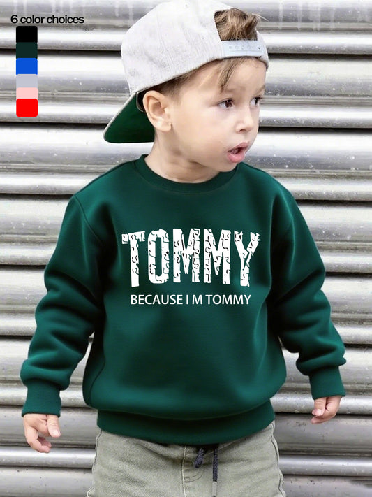 Boys' Casual Fleece-Lined Long Sleeve Sweatshirt with "TOMMY" Letter Print - Cozy Loose Fit Round Neck Pullover for Fall/Winter Outdoor Activities, 3+ Years Old, 6 Color Options, Sweater for Boy, Kids Winter Wear, Playful Kid