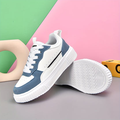 Boys Girls Low-Top Casual Sneakers - White & Navy Blue Synthetic Cover with EVA Cushioned Sole, Breathable Fabric Lining & Durable Durable Traction for School, Sports & Casual Attire, School Shoes, Sleek Shoe Design