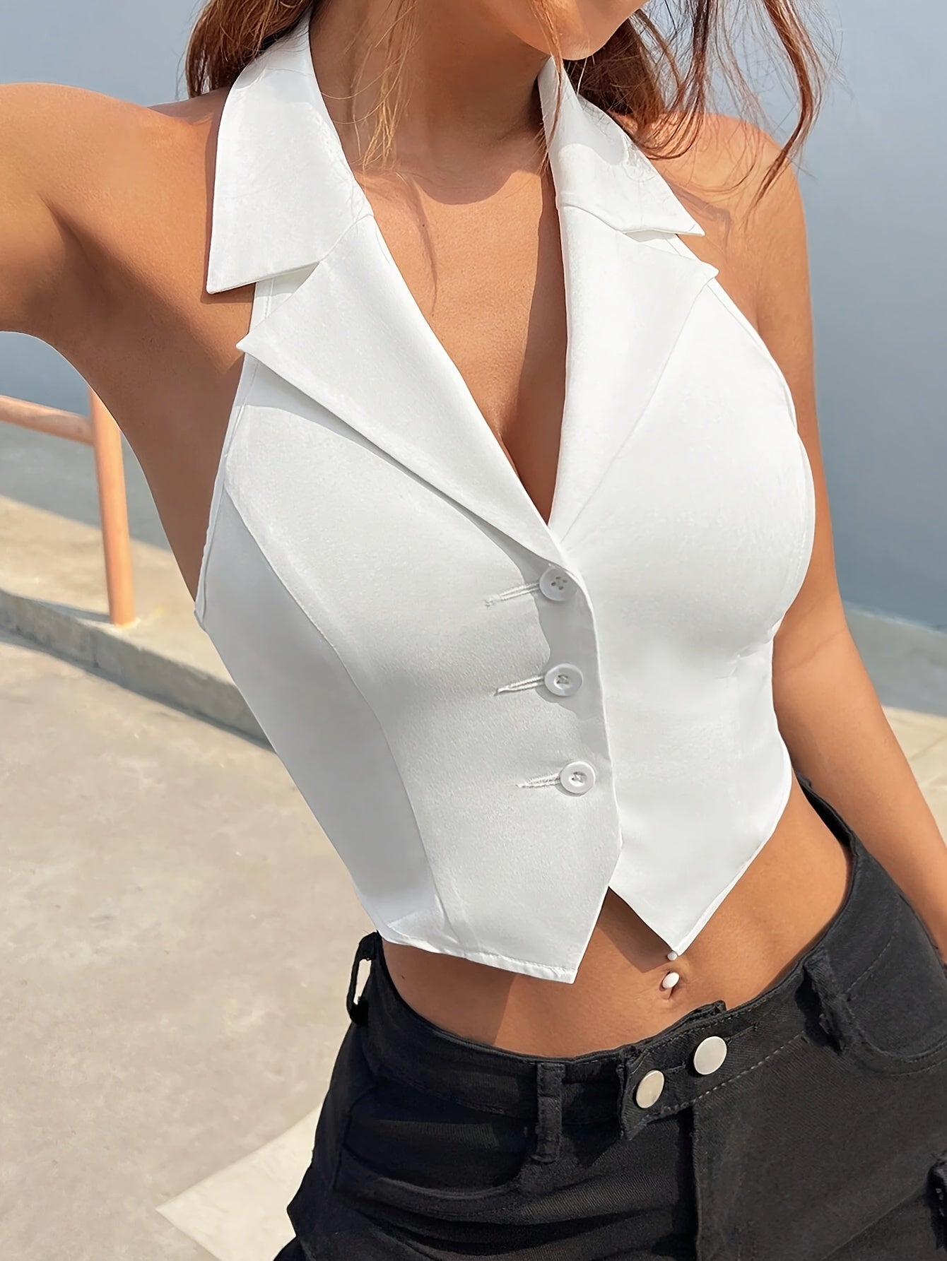 Women'S Sleeveless Button-Up Crop Top - Chic White Collarless Vest with Front Placket, Perfect for Summer, Casual or Layered Outfits, Versatile Fashion Piece | Buttonup Crop Top | Elegant Design, Sleeveless Tops