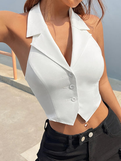 Women'S Sleeveless Button-Up Crop Top - Chic White Collarless Vest with Front Placket, Perfect for Summer, Casual or Layered Outfits, Versatile Fashion Piece | Buttonup Crop Top | Elegant Design, Sleeveless Tops