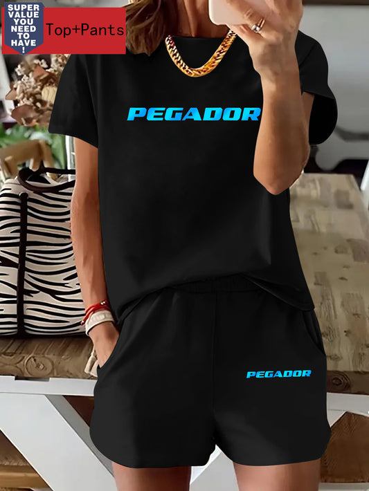 1set Women'S Casual Sportswear T-Shirt & Shorts with PEGADOR Letter Print - Crew Neck, Medium Stretch, All-Season Comfort, S-XXL Sizes, Multi-Color Options, Comfortable Leisurewear | Trendy Casual Style | Comfortable Fit