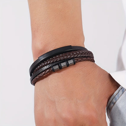 New Hot Selling Men's Vintage Hand-woven Multi-layer Beaded Alloy Magnetic Buckle PU Men's Bracelet