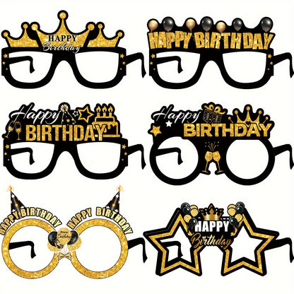 6pcs Happy Birthday Glasses - Golden & Black Novelty Eyewear Party Photo Props with Crown & Balloons Design, Perfect for Birthday Celebrations & Photo Booths, Birthday Accessories | Celebratory Eyewear | Durable Paper Props,