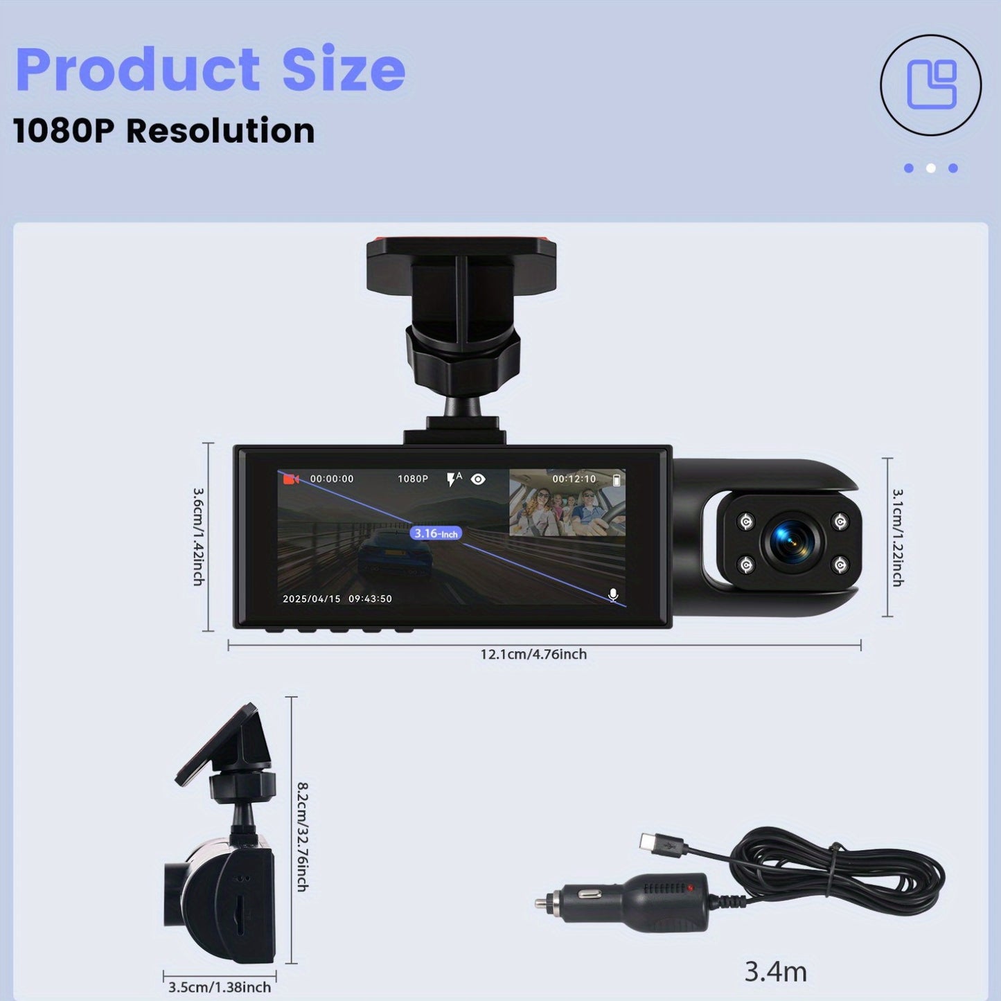 Podofo 2025 Latest 1080P Dual Dash Cam for Cars - Front & Inside Camera with 32GB Card, 8.03cm IPS Screen, IR Night Vision, 170° Wide Angle, Loop Recording, G-Sensor, Motion Detection, 24H Parking Mode - Perfect New Car, Hol