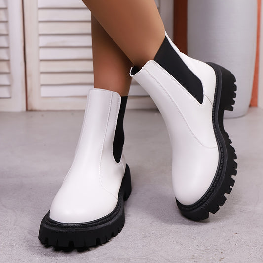 Women'S Slip-On Chelsea Boots - Thick Platform Mid-Calf, Round Toe & Cushioned Sole, Soft Rubber Sole, Elastic Lining, Solid Black Versatile Boots for Autumn/Winter Commuting & Casual Wear, Comfortable Footwear, Fashionforwar
