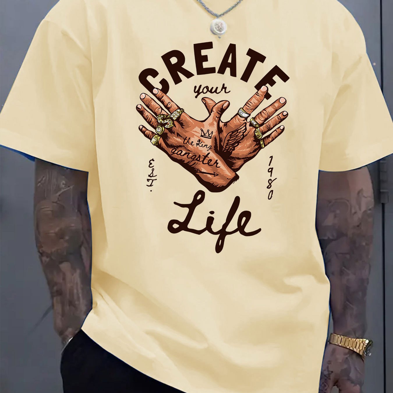 Men's Short-Sleeve T-Shirt with Inspirational "CREATE Your Own Life" Print & Prayer Hands Design - Elastic Round Neck, Breathable Fabric for Summer Outdoor Activities, Casual Comfort Fit, Machine Washable, Artistic Lifestyle