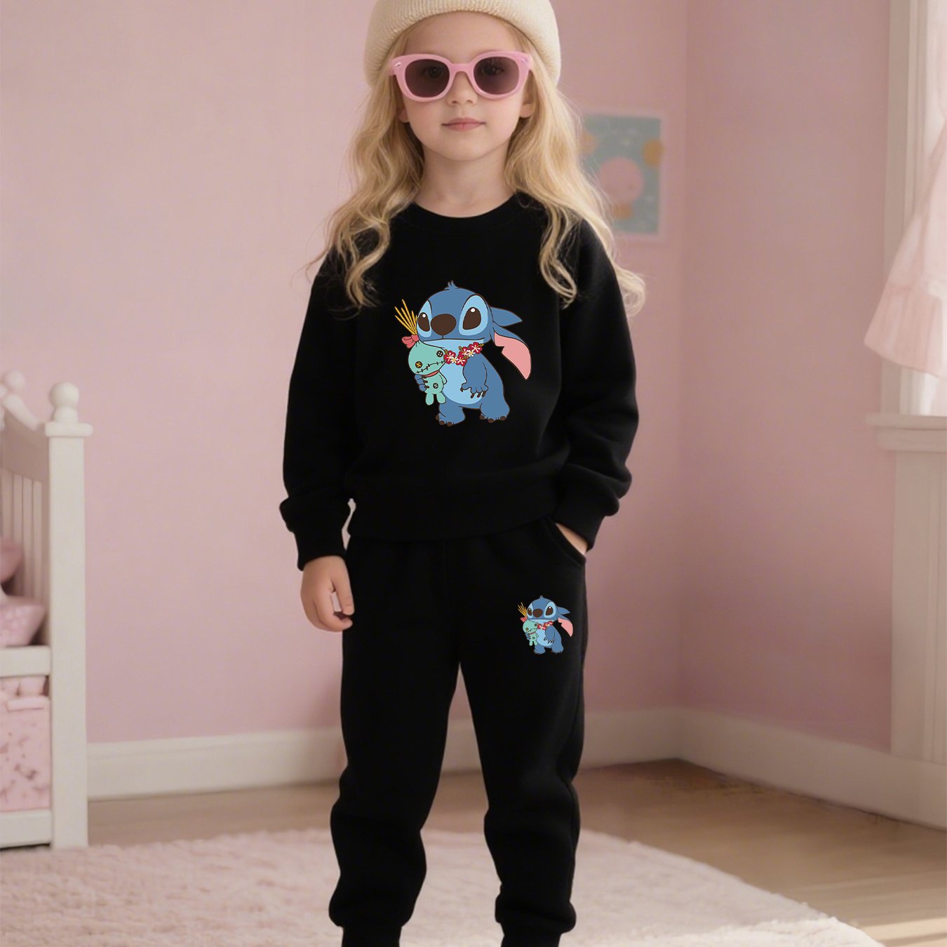 2pcs Disney Kids Casual Sweatshirt & Pants Set Stitch's Adorable Floral Adventure: A Heartwarming Cartoon Tale Long-Sleeve Crewneck, Children's clothing suitable for autumn and winter seasons, featuring cute cartoon patterns.