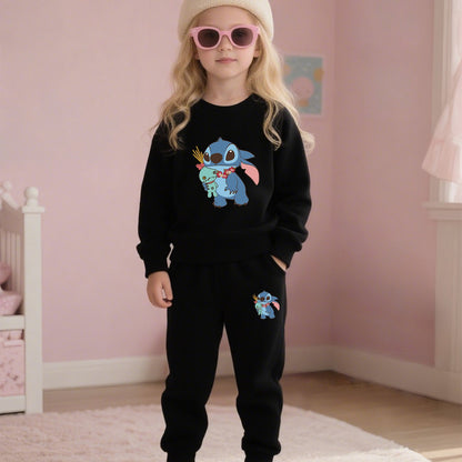 2pcs Disney Kids Casual Sweatshirt & Pants Set Stitch's Adorable Floral Adventure: A Heartwarming Cartoon Tale Long-Sleeve Crewneck, Children's clothing suitable for autumn and winter seasons, featuring cute cartoon patterns.