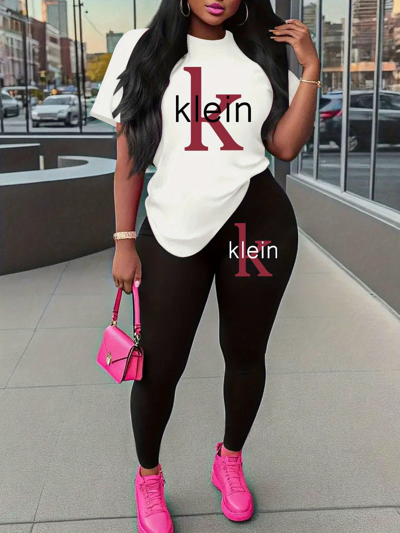 Women'S "Klein" Print Short Sleeve T-Shirt & Black Pants Two-Piece Set - Casual, Stretchy Fabric, Pink & Black Design, Spring/Summer Casual Wear, Casual Attire|Graphic Tee|Stretchy