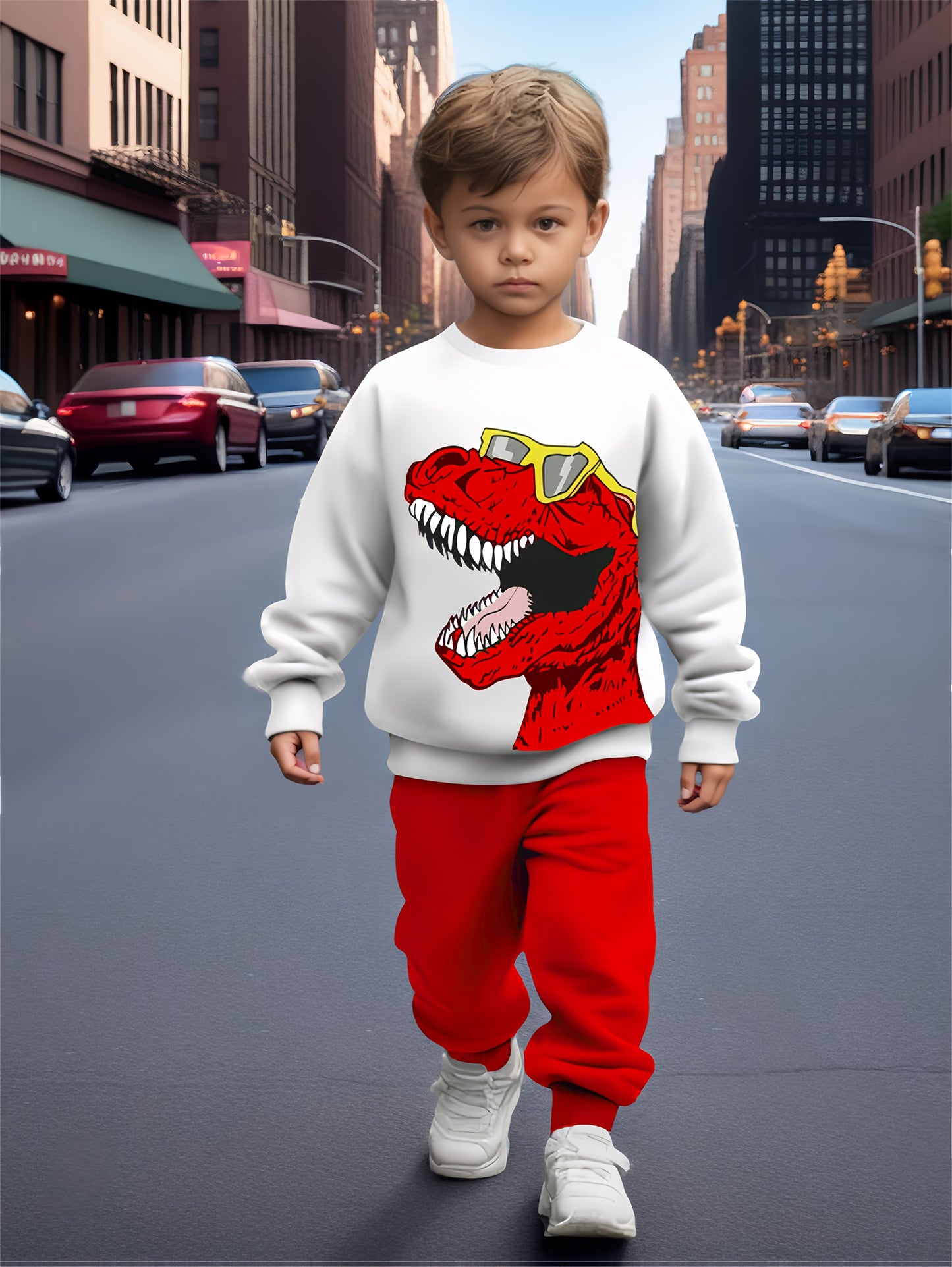 2pcs boys' casual sweatshirt and pants set with cool dinosaur print, perfect for autumn and winter seasons. Ideal as a gift or for leisure, sports, and vacation activities. Suitable for outdoor wear, Perfect for Outdoor