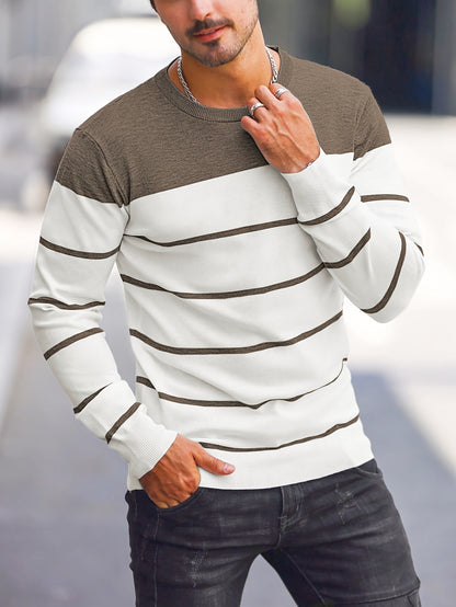 Men's Casual Striped Knit Pullover Sweater - Navy & White Contrast, Regular Fit H-Silhouette, Long Sleeve Crew Neck, Medium Stretch, Machine Washable for Spring & Fall, Mediumstretch Fabric