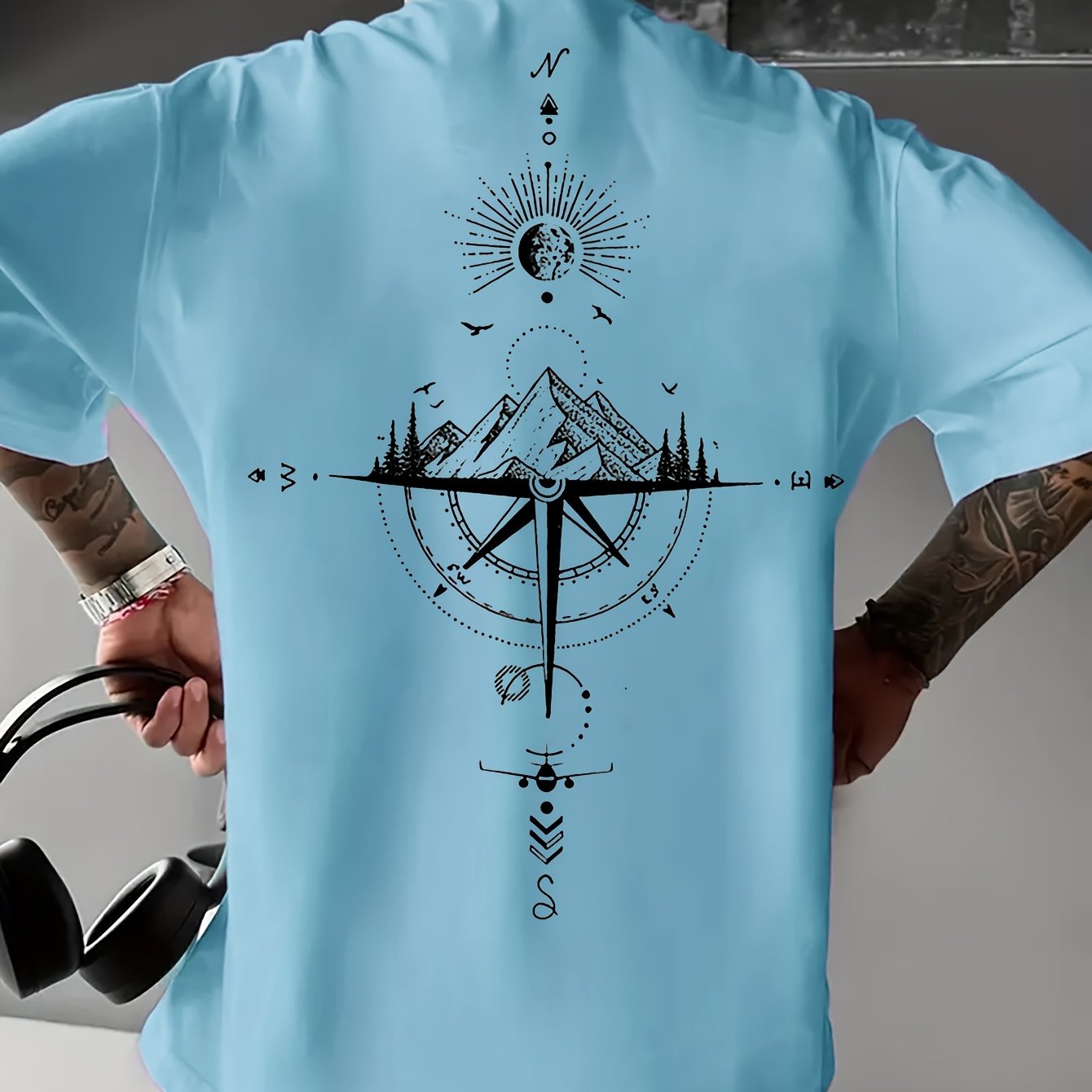 Men's Casual Compass Print T-Shirt - Breathable Polyester, Crew Neck, Short Sleeve - Perfect for Summer