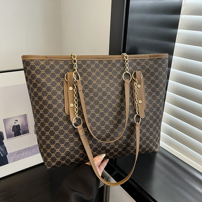 Rubyn Women's Large Capacity Tote Bag - Beige/ & Brown Greek Key Logo Handbag, Versatile Shoulder Purse for Women,, Travel, Everyday Use, Everyday Bag For Women, Casual Bag For Women, Casual Style Tote Bag, Medium Size Tote B