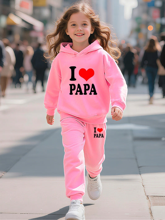 Fashionable Autumn And Winter Casual Sports Style for And "I Love Dad" Cartoon Popular Print Pattern Long-Sleeved Plus Velvet Warm Hooded Sweatshirt + Sweatpants Two-Piece Set, for Outdoor