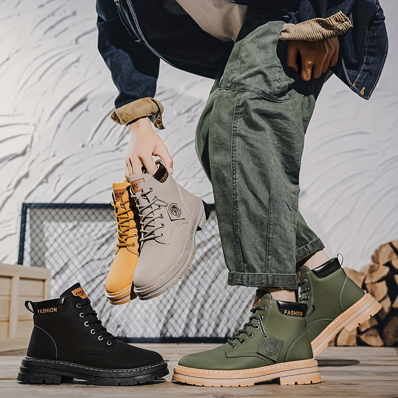 Men'S Olive Green Casual Boots - Comfortable Lace-Up Ankle Boots with Thick Cushioned PVC Sole, Round Toe & Breathable Fabric Lining for All-Season Wear, Everyday Footwear, Minimalist Design, Durable Construction
