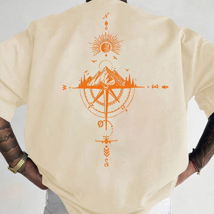 Men's Short Sleeve T-Shirt 100% Polyester Loose Fit Casual Round Neck Navy Blue with Golden Compass Rose Mountain Print - Summer Outdoor Adventure Graphic Tee, Modern Casual Top | Easy Care Clothing