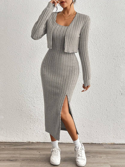 Simple y Fleece Two-Piece Dress and Jacket Set