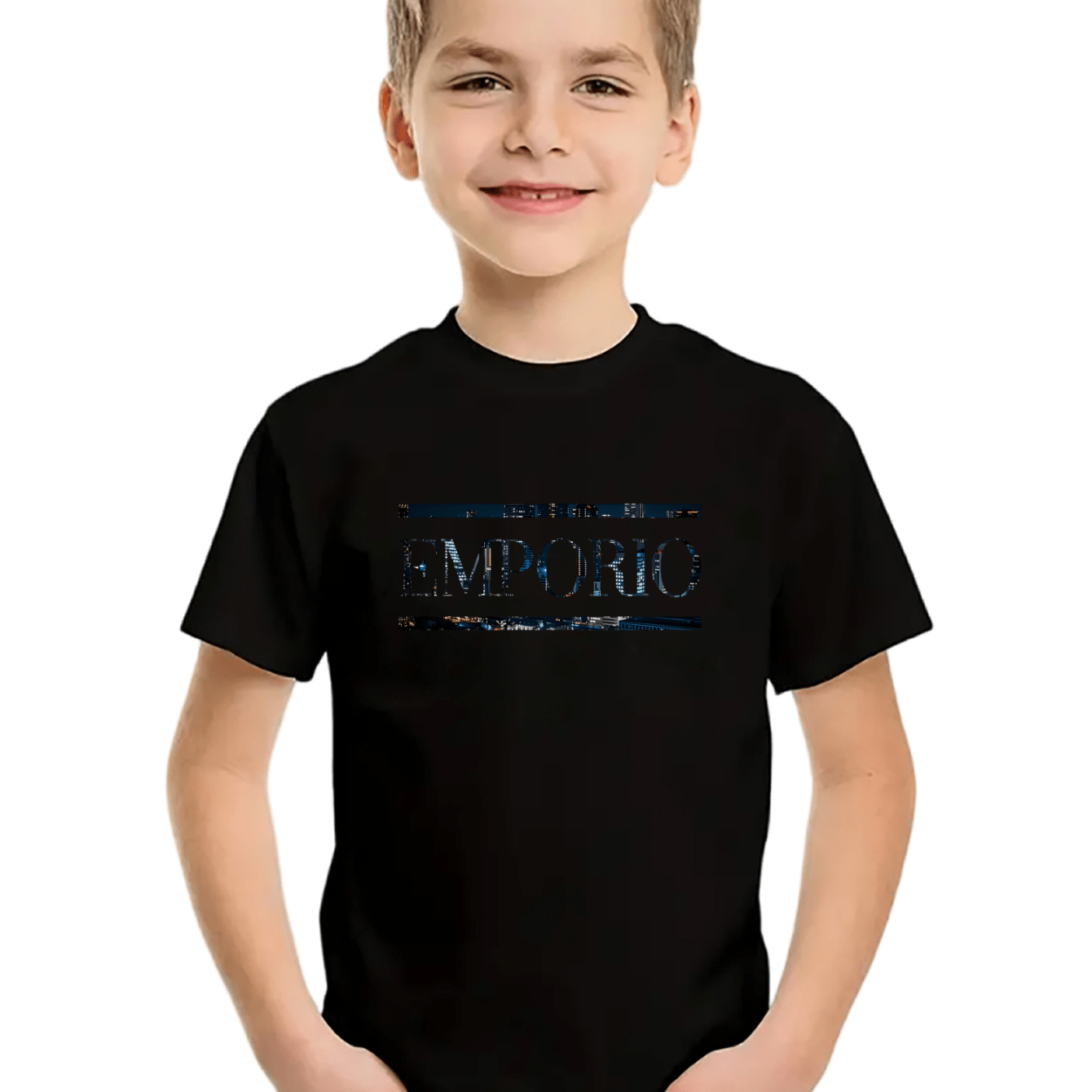 Boys' Casual Short Sleeve T-Shirt with Elegant "EMPORIO" Letter Print - Soft Breathable Round Neck Tee, Medium Stretch, Regular Fit for Summer Daily Wear & Weekend Outings, Boy T Shirt, Everyday Kids Clothing, Classic Round N