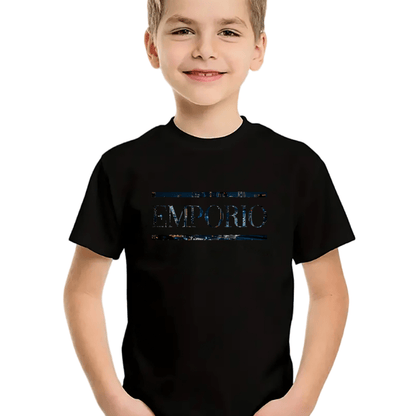 Boys' Casual Short Sleeve T-Shirt with Elegant "EMPORIO" Letter Print - Soft Breathable Round Neck Tee, Medium Stretch, Regular Fit for Summer Daily Wear & Weekend Outings, Boy T Shirt, Everyday Kids Clothing, Classic Round N