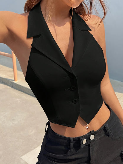 Women'S Sleeveless Button-Up Crop Top - Chic White Collarless Vest with Front Placket, Perfect for Summer, Casual or Layered Outfits, Versatile Fashion Piece | Buttonup Crop Top | Elegant Design, Sleeveless Tops