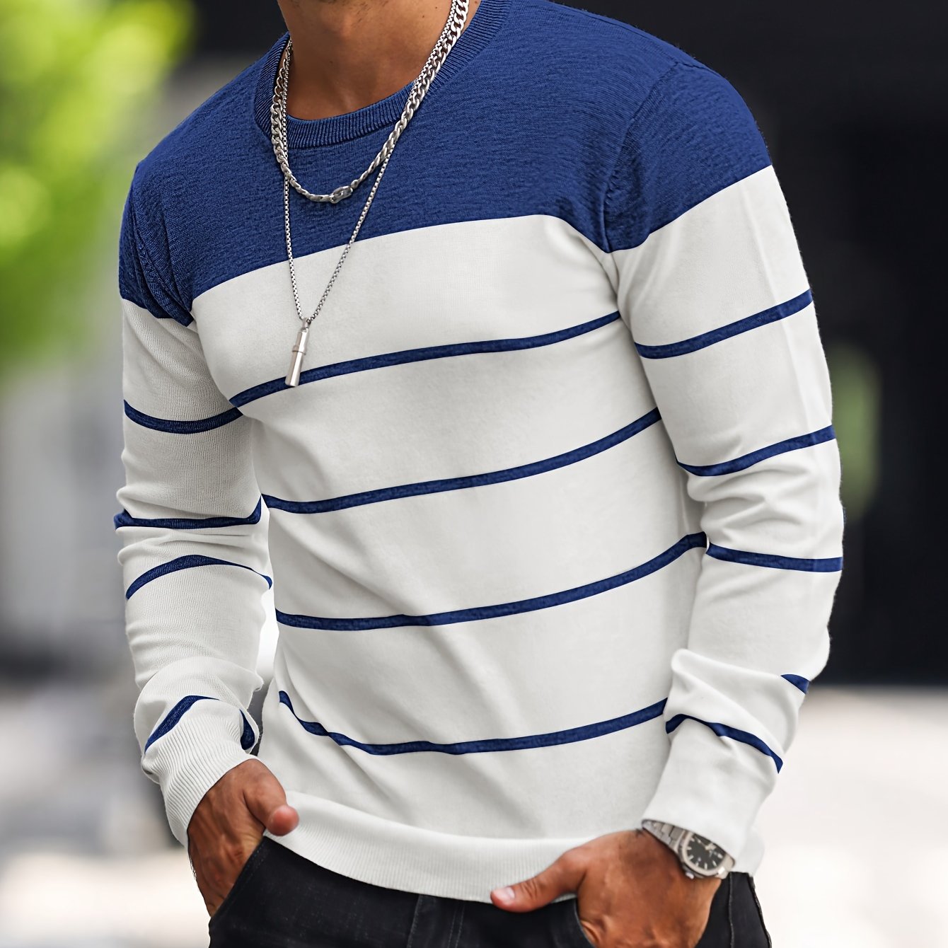 Men's Casual Striped Knit Pullover Sweater - Navy & White Contrast, Regular Fit H-Silhouette, Long Sleeve Crew Neck, Medium Stretch, Machine Washable for Spring & Fall, Mediumstretch Fabric