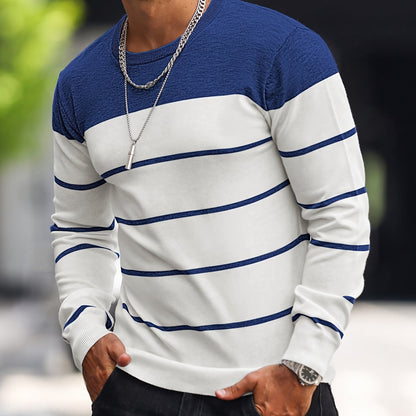 Men's Casual Striped Knit Pullover Sweater - Navy & White Contrast, Regular Fit H-Silhouette, Long Sleeve Crew Neck, Medium Stretch, Machine Washable for Spring & Fall, Mediumstretch Fabric