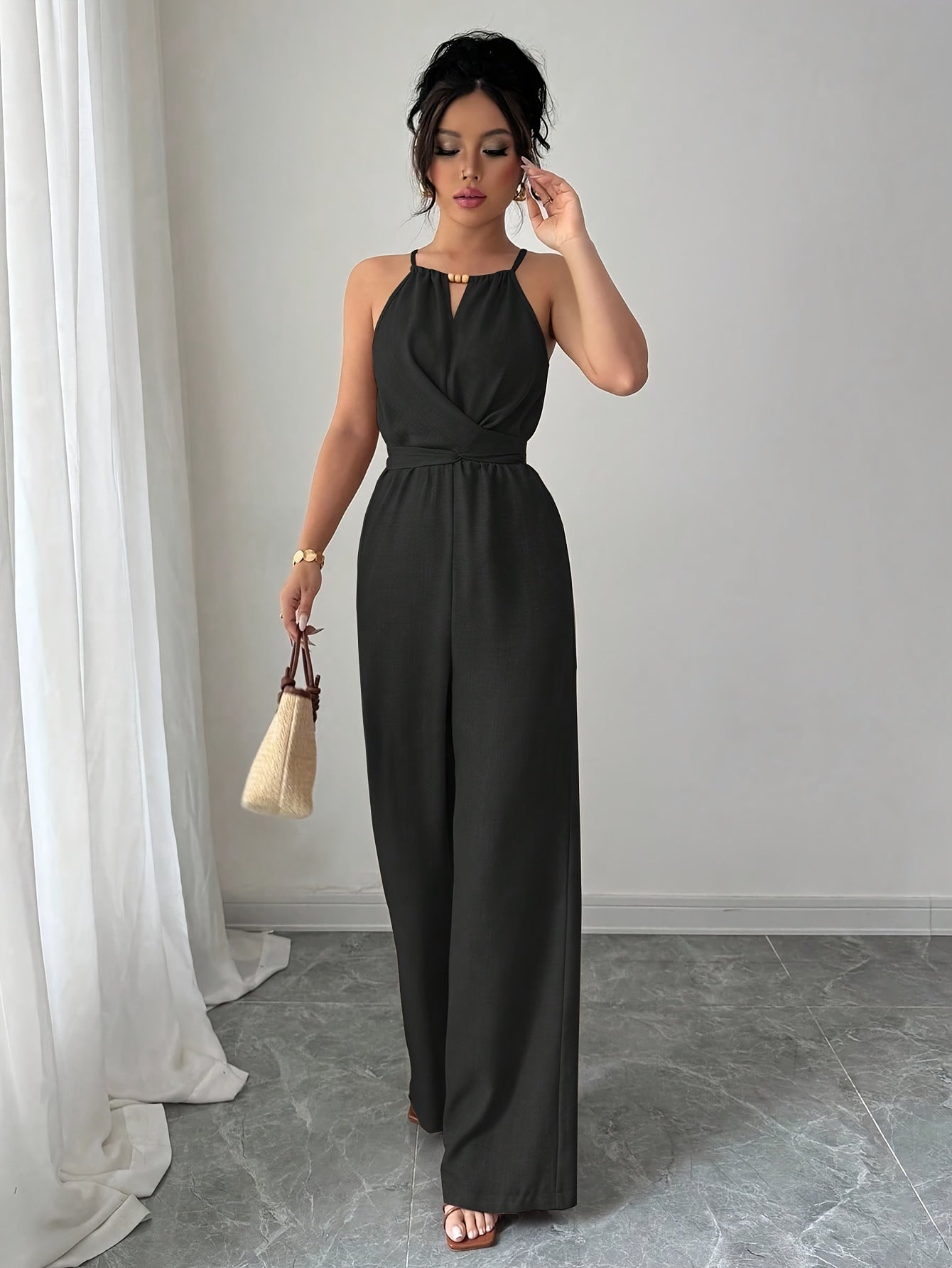 Women'S Elegant Off-Shoulder Twist Front Jumpsuit - Beige Wide-Leg Jumpsuit with Adjustable Waist Tie, Perfect for Spring & Summer Casual or Dressy Outfits, Casual Chic Wear | Offshoulder Fashion | Polyester Fabric
