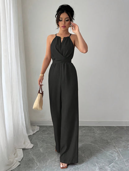 Women'S Elegant Off-Shoulder Twist Front Jumpsuit - Beige Wide-Leg Jumpsuit with Adjustable Waist Tie, Perfect for Spring & Summer Casual or Dressy Outfits, Casual Chic Wear | Offshoulder Fashion | Polyester Fabric
