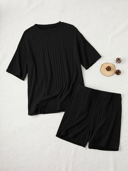 Women's Casual Lounge Set, Plus Size Solid Ribbed Short Sleeve Round Neck Top & Shorts Pajamas 2 Piece Set