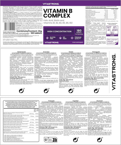 High-Dose Vitamin B Complex Vitastrong, 1 per Day, 180 Vitamin B Group Biotin, Thiamine Vitamin B1, Riboflavin B2, Niacin, Pantothenic Acid, Vitamin B6, B12