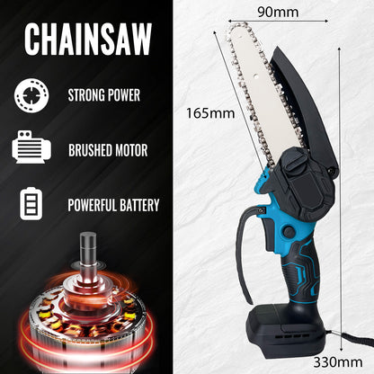 6 Inch Mini Chainsaw, Replacement for Makita 18 V Battery, Electric Chainsaw, Hand Chainsaw, Handheld Electric Small 6" Chainsaw with Chain with 6000mAh Battery (2x 3.0Ah Battery), 18 V Battery Chainsaw, for Garden Tree Branc