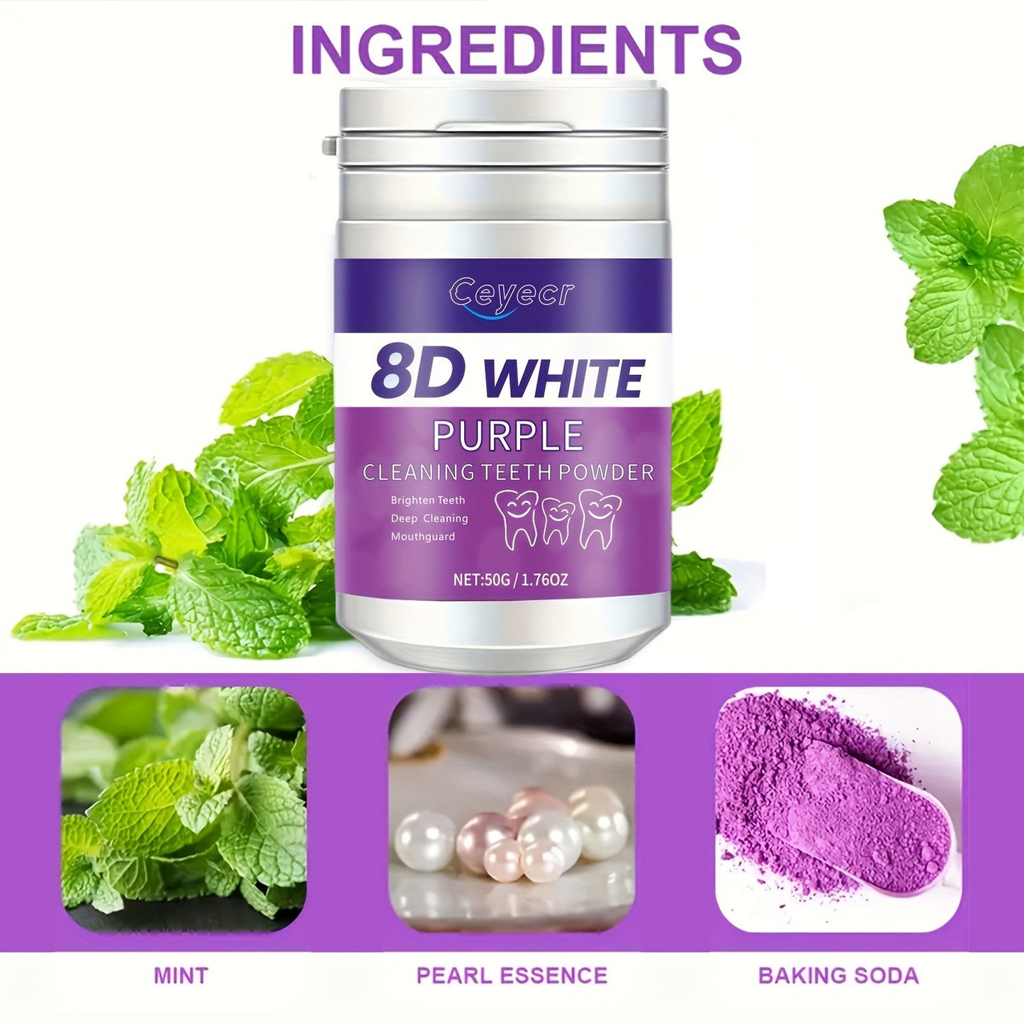 Ceyecr Purple Teeth Whitening Powder, 50g/1.76.Oz - Deep Clean & Tooth Cleaning Powder, Fresh Breath Toothpaste, Natural Essenc
