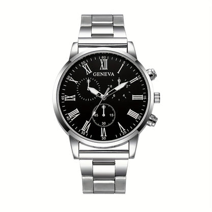 3pcs Men'S Fashion Casual Roman Numeral Quartz Watch with Necklace and Bracelet Set, Suitable for Father'S Day, Teacher'S Day, Thanksgiving, Students, Graduation, Birthday, Best Gift