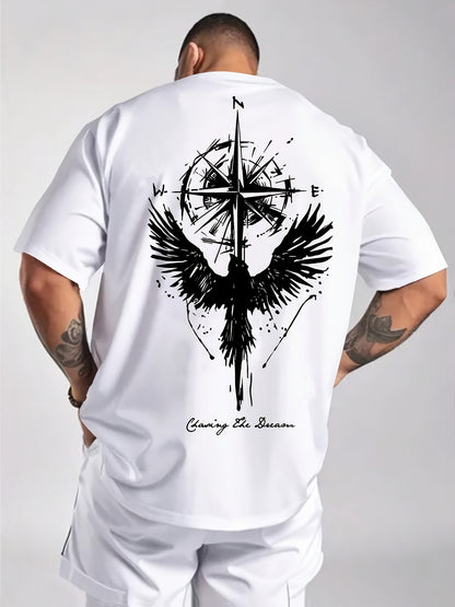 Men'S Summer Short Sleeve T-Shirt with Bold Eagle & Compass Print - Light Blue Casual Round Neck Tee, Comfortable Stretch Fabric for Casual Attire, Everyday Tshirt | Bold Graphic Tee | Comfortable Fit