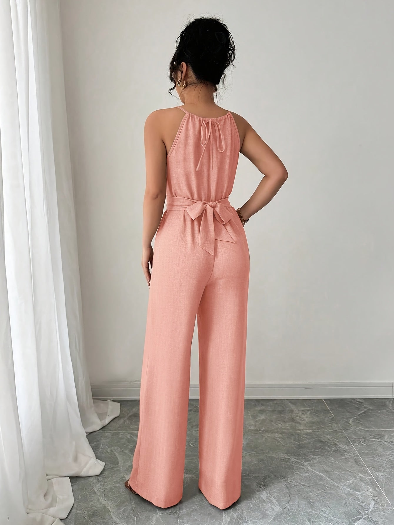 Women'S Elegant Off-Shoulder Twist Front Jumpsuit - Beige Wide-Leg Jumpsuit with Adjustable Waist Tie, Perfect for Spring & Summer Casual or Dressy Outfits, Casual Chic Wear | Offshoulder Fashion | Polyester Fabric