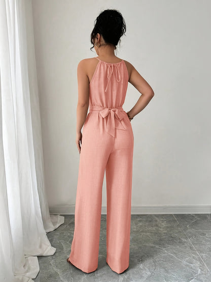 Women'S Elegant Off-Shoulder Twist Front Jumpsuit - Beige Wide-Leg Jumpsuit with Adjustable Waist Tie, Perfect for Spring & Summer Casual or Dressy Outfits, Casual Chic Wear | Offshoulder Fashion | Polyester Fabric