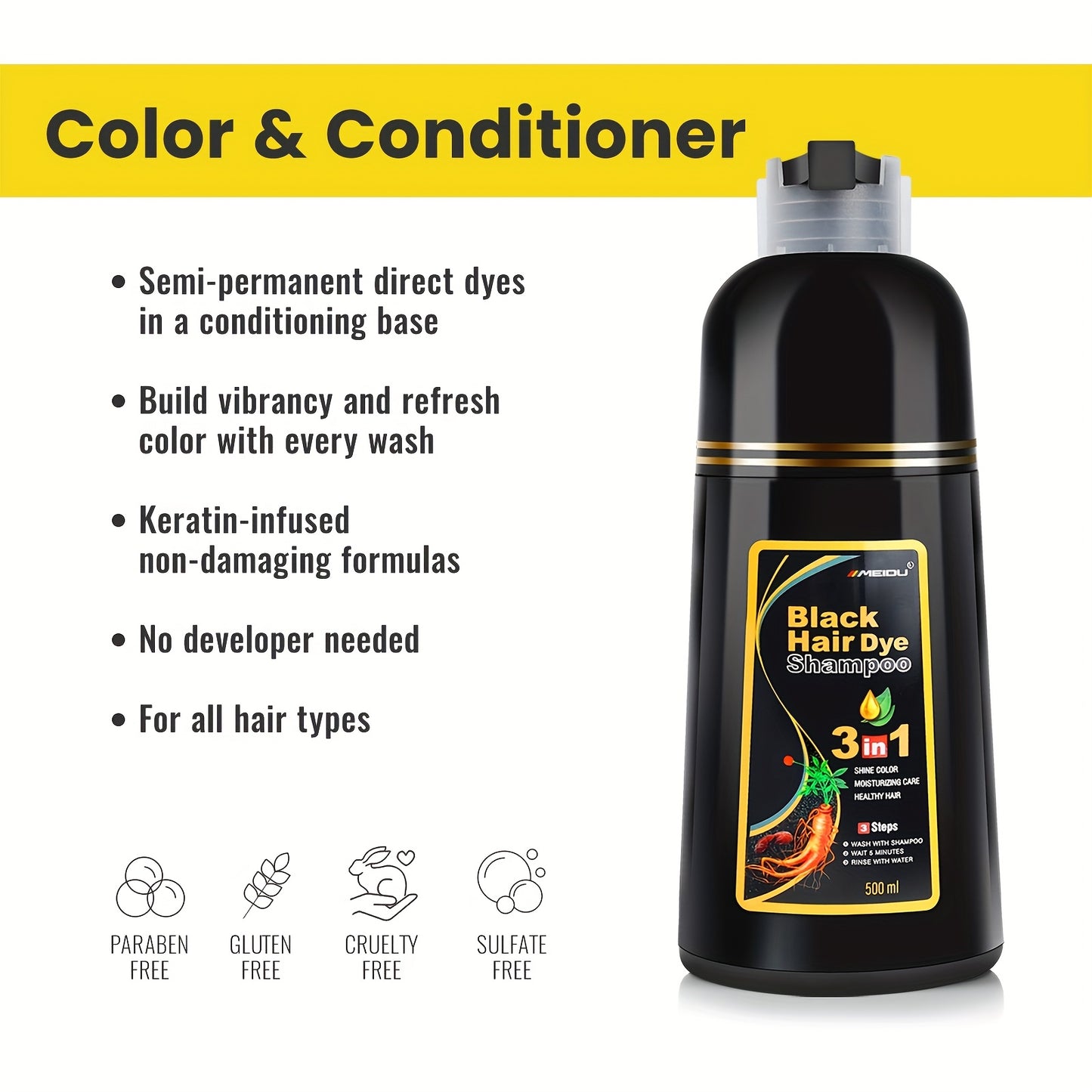MEIDU Hair Dye Shampoo, 16, 9fl, oz/500ml Unisex Hair Dye Shampoo, Long-lasting 3-in-1 Hair Dye, Wash Hair + Dye Hair, Efficient Coverage Of White Hair, Contains Ginseng, Ginger, Black Sesame And Other Hair Care Extracts, Sui