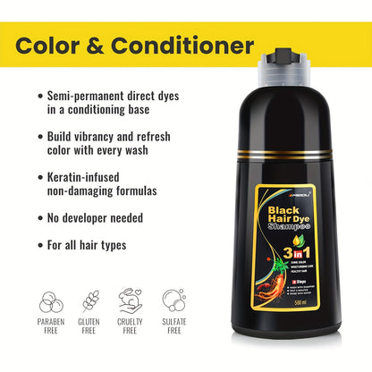 MEIDU Hair Dye Shampoo, 16, 9fl, oz/500ml Unisex Hair Dye Shampoo, Long-lasting 3-in-1 Hair Dye, Wash Hair + Dye Hair, Efficient Coverage Of White Hair, Contains Ginseng, Ginger, Black Sesame And Other Hair Care Extracts, Sui