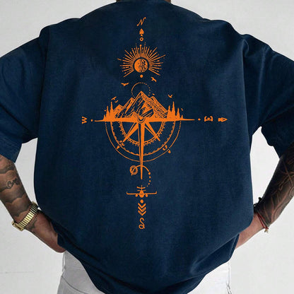 Men's Short Sleeve T-Shirt 100% Polyester Loose Fit Casual Round Neck Navy Blue with Golden Compass Rose Mountain Print - Summer Outdoor Adventure Graphic Tee, Modern Casual Top | Easy Care Clothing