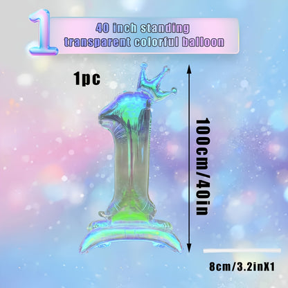 2pcs, 1pc 101.6cm transparent large digital balloon with crown and base + 1 straw, aluminum foil material, suitable for birthday party decoration, photo props, anniversary celebrations, Valentine's Day, New Year celebrations,